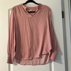LOFT Pink Puff Sleeve Blouse with Mandarin Collar